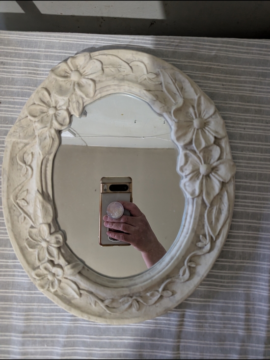 Other - Vintage Cottagecore Floral Oval Mirror | Carved Shabby Chic Wall Decor Cream